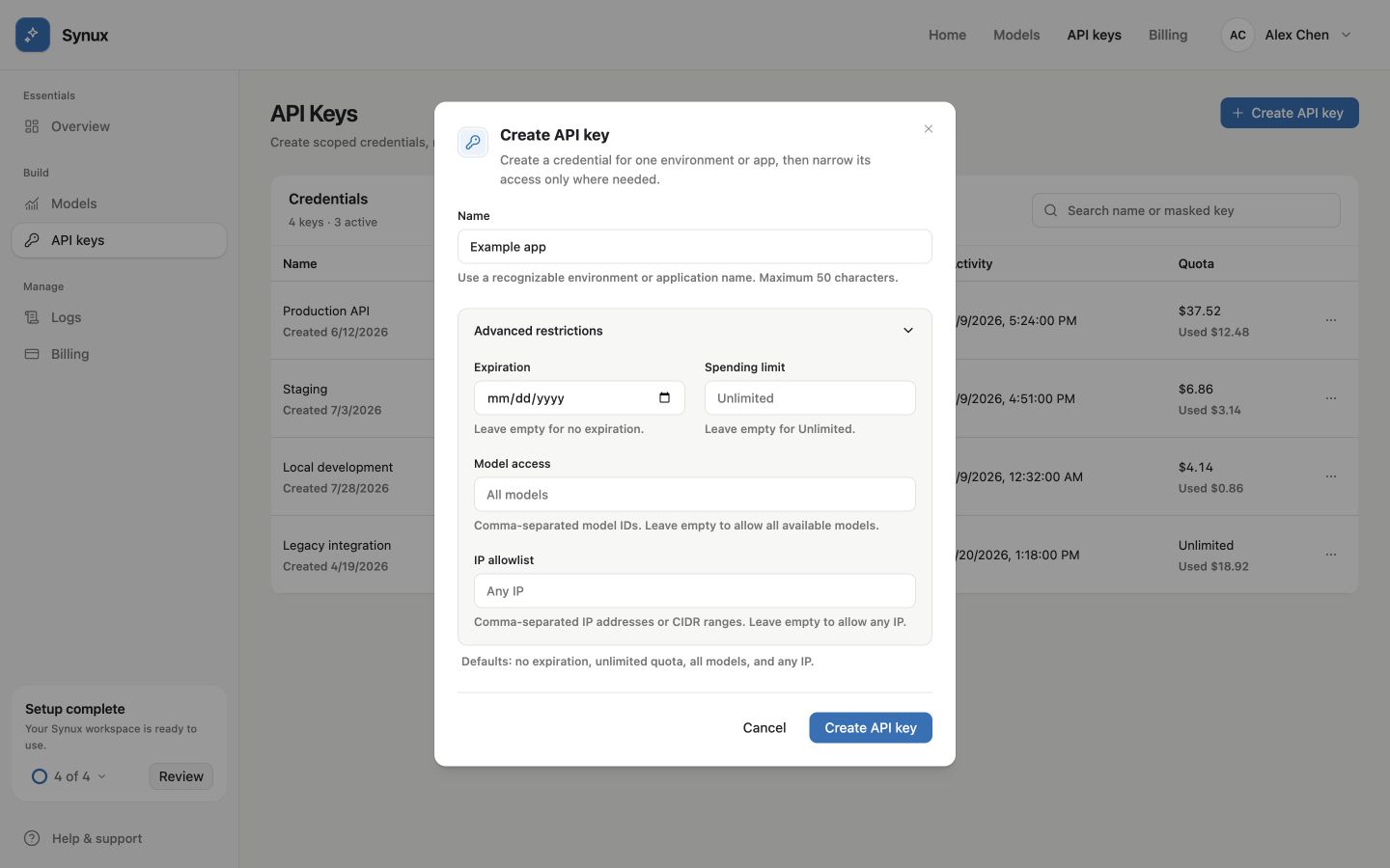Create API key dialog with expiration, spending limit, model access, and IP allowlist fields