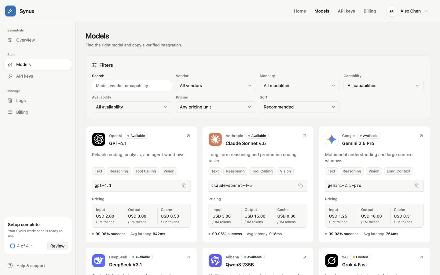 Synux model catalog showing model filters, availability, pricing, and health